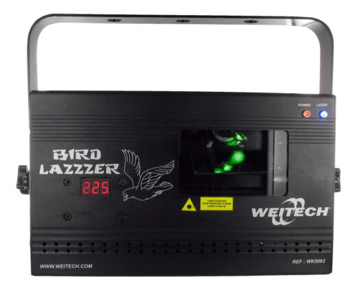 Laser Bird Lazzzer projetant un faisceau vert dans un entrepôt à palettes